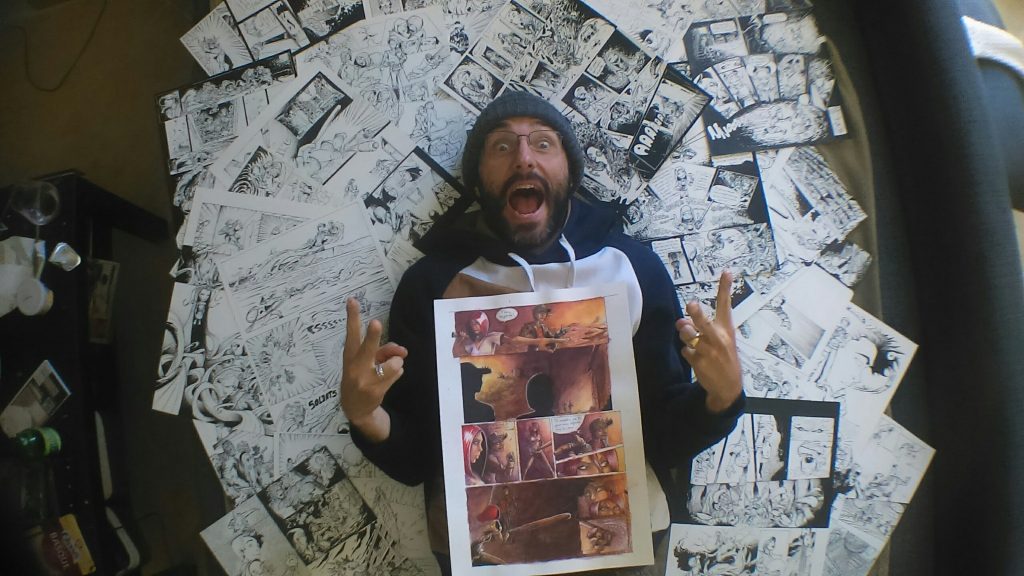 Thibault Colon de Franciosi au milieu de ses illustrations et planches de BD de Nightmare.