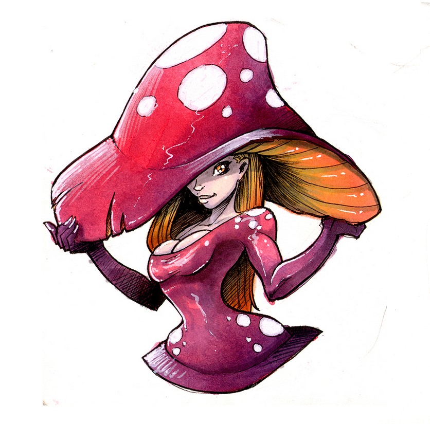 Illustration aquarelle d'une Champinup, créature hybride femme-champignon par Thibault Colon de Franciosi.