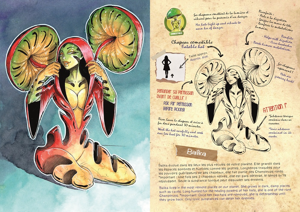 Exemple de mise en page du livre Champinup de Thibault Colon de Franciosi : illustration couleur et notes de grimoire sépia.