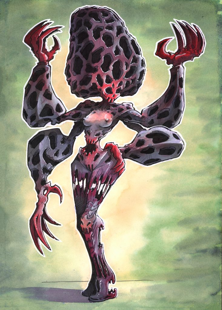 Illustration aquarelle de la Champinup Morchella, gardienne des morilles.